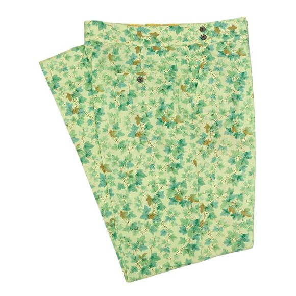 Mens Gurkha Pants 38 Green Floral Summer Chino Trousers Straight Fit Flat Front